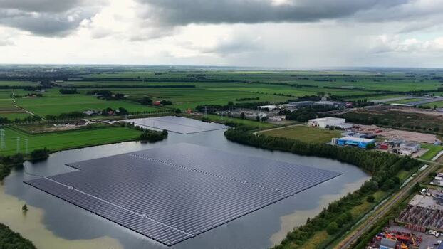 Aerial view of floating solar farm in Oudehaske Netherlands.