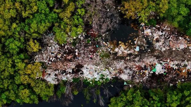 Aerial view of plastic waste in a mangrove forest Indonesia.