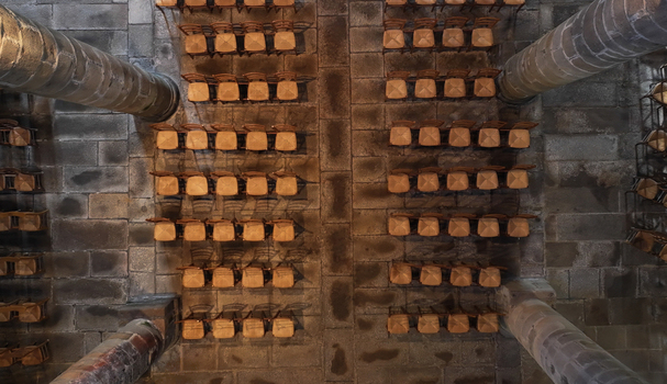 Aerial view of the interior of Eglise Saint Melaine de Morlaix featuring rows of wooden chairs on a stone floor between massive stone pillars in Morlaix Bretagne France. Aerial view of the interior of Eglise Saint Melaine de Morlaix featuring rows of wooden chairs on a stone floor between massive stone pillars in Morlaix Bretagne France.
