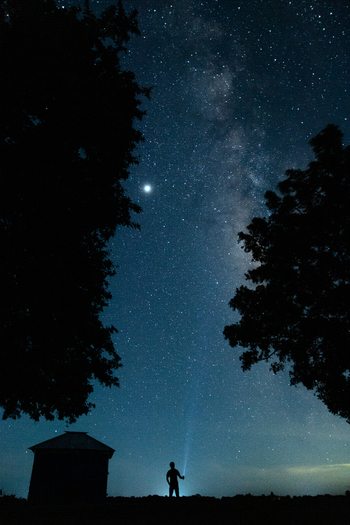 View of a person in silhouette under a starry night sky with the Milky Way holding a flashlight framed by trees and a small hut in Kushtia Khulna Division Bangladesh. View of a person in silhouette under a starry night sky with the Milky Way holding a flashlight framed by trees and a small hut in Kushtia Khulna Division Bangladesh.