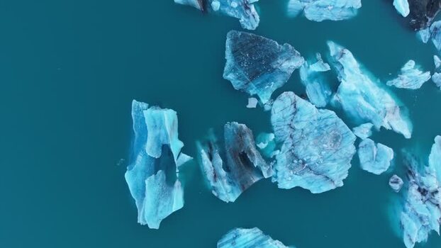Aerial view of icebergs in Jokulsarlon Glacier Lagoon Iceland.