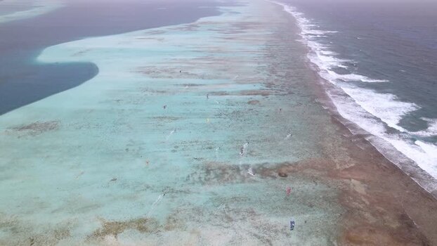 Aerial view of kite surfers in Los Roques archipelago Venezuela.