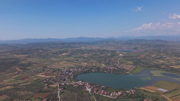 Aerial view of the town of Belsh and its surrounding lake Albania.