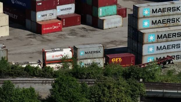 Aerial view of shipping containers at an industrial port United States. Aerial view of shipping containers at an industrial port United States.