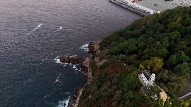 Aerial view of Getaria Lighthouse on the coast of Spain.
