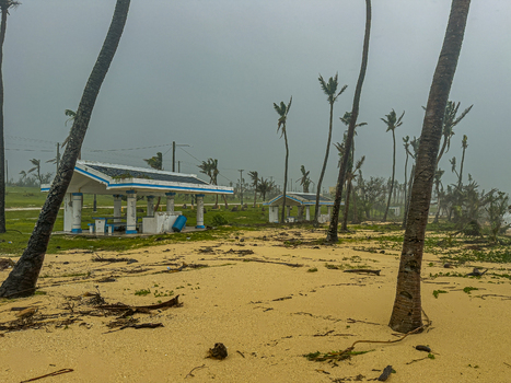 San Jose Tinian Northern Mariana Islands 06 July 2026 View of Jons beach during Super Typhoon Bavi with debris on the beach and palm trees swaying in strong winds. San Jose Tinian Northern Mariana Islands 06 July 2026 View of Jons beach during Super Typhoon Bavi with debris on the beach and palm trees swaying in strong winds.