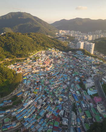 Aerial view of Gamcheon Culture Village at sunrise Busan South Korea.