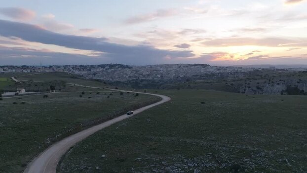 Aerial view of road leading to Matera Italy.