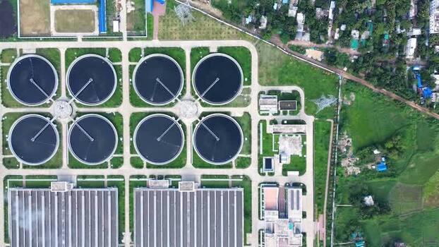 Aerial view of a sewage treatment plant in Dhaka Bangladesh.