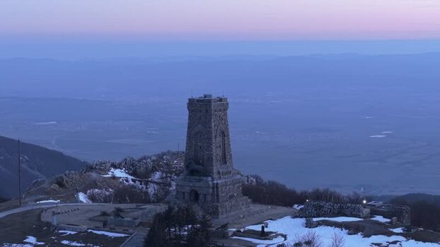 Aerial view of Shipka Memorial on a snowy mountain Bulgaria.