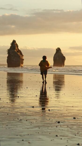 View of a person walking towards sea stacks New Zealand. View of a person walking towards sea stacks New Zealand.