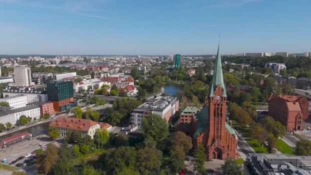 Aerial view of buildings and river Poland. Aerial view of buildings and river Poland.