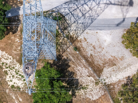 Aerial view of a high voltage electricity pylon with a stork nest on its arm casting a long shadow over dry terrain and green trees in Palmela Setubal Portugal.