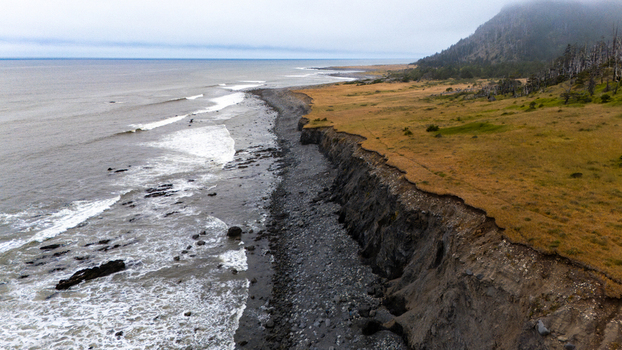Aerial view of the rugged Lost Coast shoreline featuring steep dark cliffs a rocky beach with crashing waves and grassy hills in Humboldt County California United States.