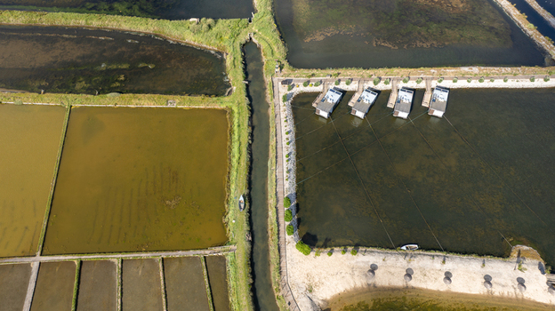 Aerial view of Salinas de Aveiro with geometric salt evaporation ponds narrow water channels and small wooden structures in Aveiro Portugal. Aerial view of Salinas de Aveiro with geometric salt evaporation ponds narrow water channels and small wooden structures in Aveiro Portugal.