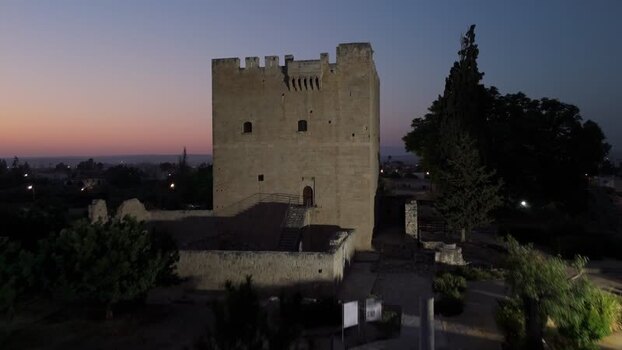 Aerial view of Kolossi Castle at dusk Cyprus.