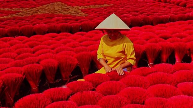 View of incense bundles drying in Quang Phu Cau Vietnam.