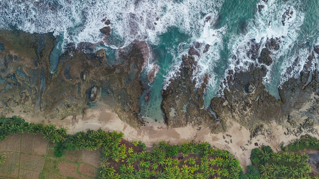 Aerial view of a tropical beach with rocky coastline crashing waves and lush palm trees bordering the sandy shore in Indonesia. Aerial view of a tropical beach with rocky coastline crashing waves and lush palm trees bordering the sandy shore in Indonesia.
