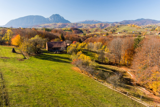 Aerial view of a rustic house nestled in a vibrant autumn landscape with green fields colorful deciduous trees and the Carpathian Mountains in Bran Brasov Romania. Aerial view of a rustic house nestled in a vibrant autumn landscape with green fields colorful deciduous trees and the Carpathian Mountains in Bran Brasov Romania.
