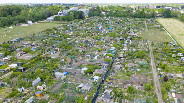 Aerial view of Amateur Gardeners Association Het Kloosterpark with allotment gardens and sheds in De Bilt Utrecht Netherlands.