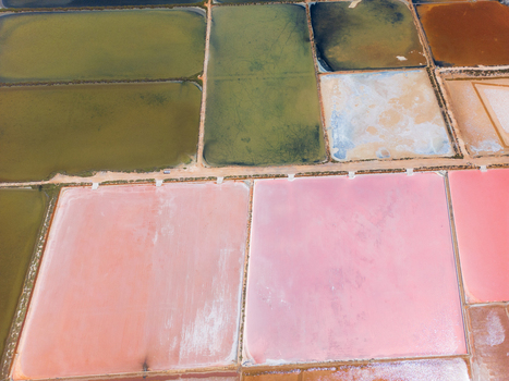 Aerial view of the colorful salt evaporation ponds at Salines des Trenc with vibrant pink and green rectangular pools Campos Islas Baleares Spain. Aerial view of the colorful salt evaporation ponds at Salines des Trenc with vibrant pink and green rectangular pools Campos Islas Baleares Spain.