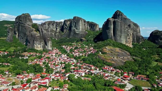 Aerial view of Meteora rock formations and Kastraki village Greece.