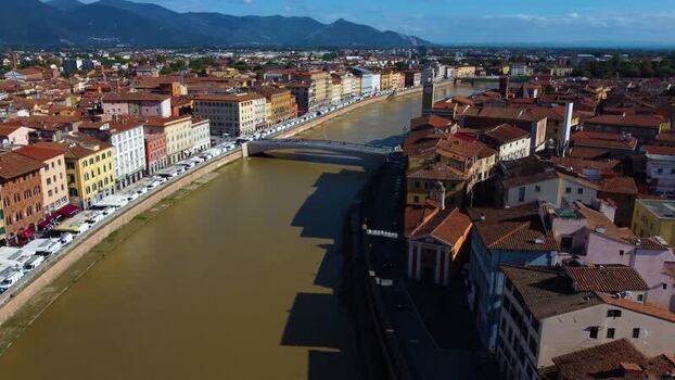 Aerial view of Arno river in Pisa Italy.