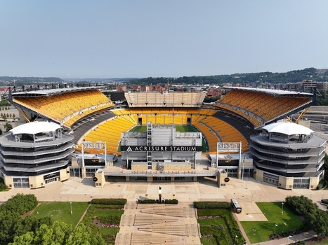 Pittsburgh Pennsylvania United States 26 July 2026 Aerial view of Acrisure Stadium home of the Pittsburgh Steelers with its yellow seating scoreboard and surrounding green spaces.