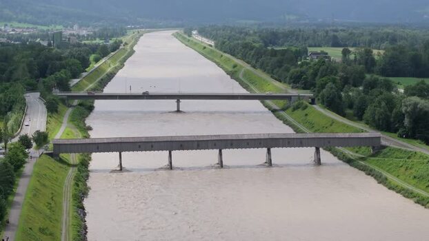 Aerial view of the Rhine river and bridges in Liechtenstein.