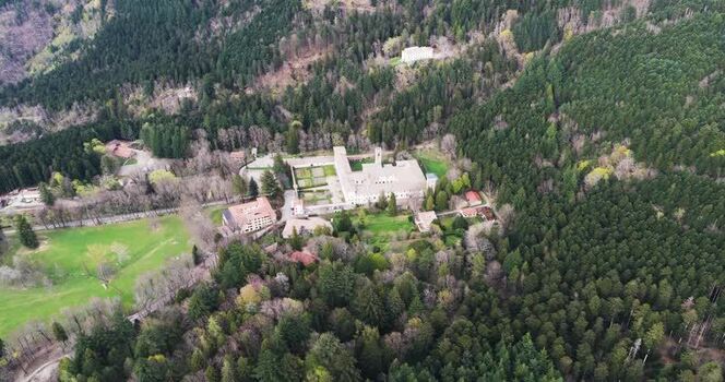 Aerial view of Vallombrosa Abbey nestled in a dense forest Italy. Aerial view of Vallombrosa Abbey nestled in a dense forest Italy.