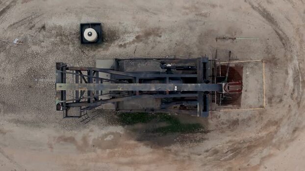 Aerial view of oil pump jack in Baldwin Hills United States.
