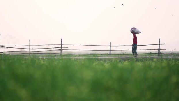View of a man carrying a sack on his head in Bogura Bangladesh.