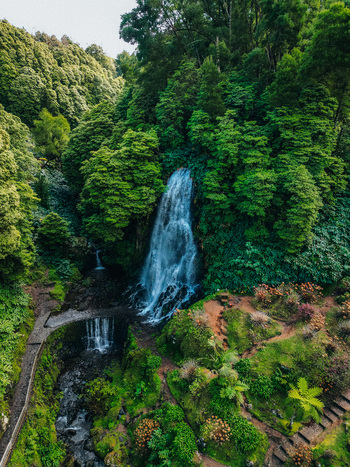 Aerial view of cascading waterfall plunges amidst vibrant greenery a serene oasis in the heart of the island Achada Açores Portugal. Aerial view of cascading waterfall plunges amidst vibrant greenery a serene oasis in the heart of the island Achada Açores Portugal.