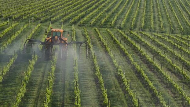 Aerial view of a tractor spraying a vineyard in Targon France. Aerial view of a tractor spraying a vineyard in Targon France.