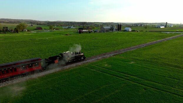 Aerial view of steam train in rural Pennsylvania United States. Aerial view of steam train in rural Pennsylvania United States.