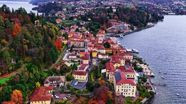 Aerial view of a historic town on Lake Como Italy.