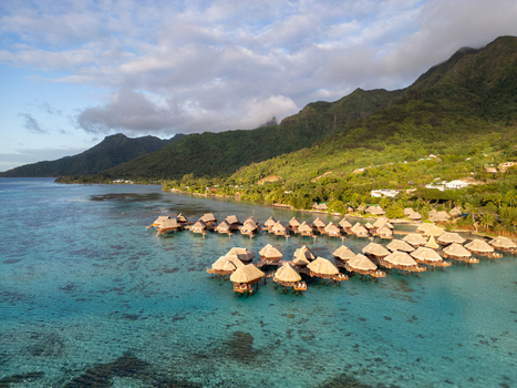 Aerial view of the Sofitel Kia Ora Moorea Beach Resort with overwater bungalows in a turquoise lagoon and lush green mountains in Moorea Maiao Windward Islands French Polynesia. Aerial view of the Sofitel Kia Ora Moorea Beach Resort with overwater bungalows in a turquoise lagoon and lush green mountains in Moorea Maiao Windward Islands French Polynesia.