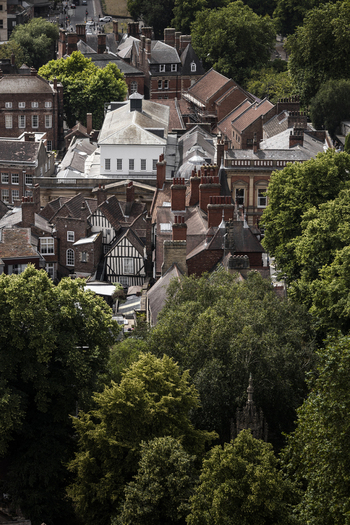 Aerial view of the historic city center of York featuring traditional timber framed buildings red brick rooftops and lush green trees in York England United Kingdom.