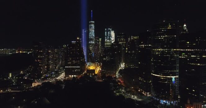 Aerial view of One World Trade Center and Tribute in Light United States.