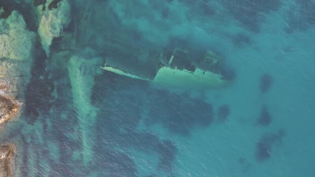 Aerial View of a sunken shipwreck in Pomonte Elba Island Tuscany Italy.