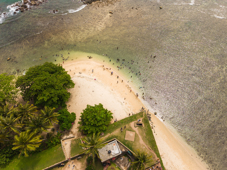 Aerial view of people swimming in turquoise water beside a sandy beach and historic stone fortifications Galle Southern Province Sri Lanka. Aerial view of people swimming in turquoise water beside a sandy beach and historic stone fortifications Galle Southern Province Sri Lanka.