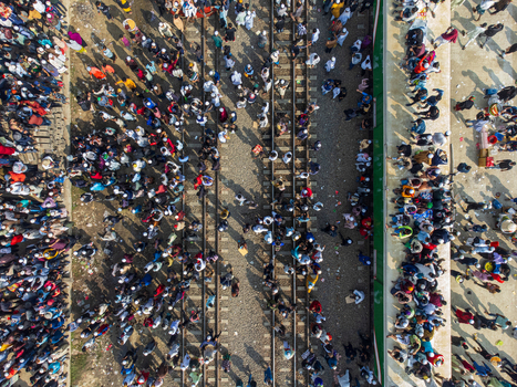 Tongi Bangladesh 04 February 2024 Aerial view of a massive crowd of people gathered on the railway tracks at Tongi Junction during a religious festival. Tongi Bangladesh 04 February 2024 Aerial view of a massive crowd of people gathered on the railway tracks at Tongi Junction during a religious festival.