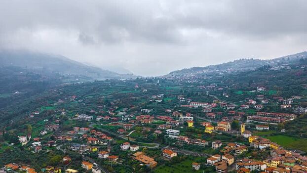 Aerial view of Lake Como hillside town in Lombardy Italy.