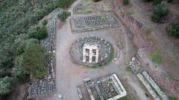 Aerial view of the Tholos of Delphi ancient temple Greece. Aerial view of the Tholos of Delphi ancient temple Greece.