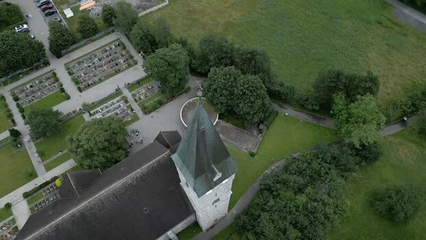 Aerial view of church and cemetery in Liechtenstein.