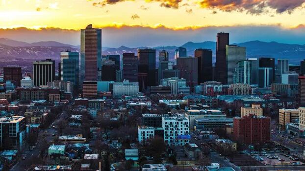 Aerial view of Denver skyline at sunset United States.