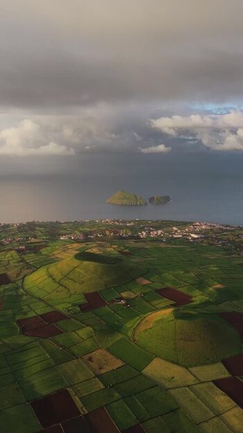 Aerial view of volcanic cones on Terceira Island Portugal.