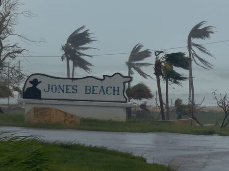 View of Jones Beach sign during typhoon in Northern Mariana Islands. View of Jones Beach sign during typhoon in Northern Mariana Islands.