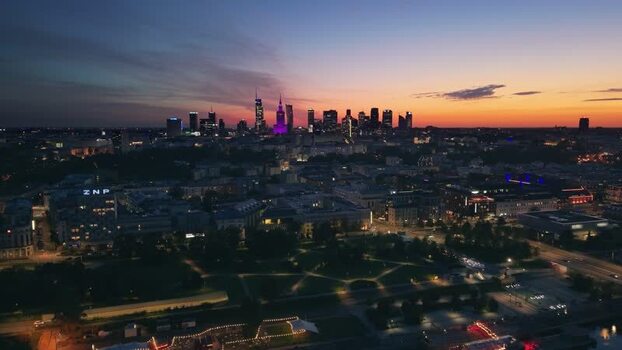 Aerial view of Warsaw skyline at sunset Poland.
