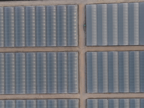 Aerial view of large industrial greenhouses arranged in a geometric grid with dirt paths in Paestum Campania Italy.